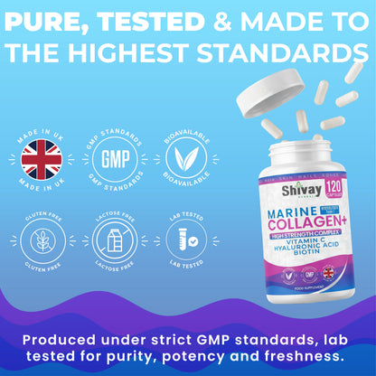 Shivay Herbals Marine Collagen Complex 1000mg - Hydrolysed Type I - with Vitamin C, Hyaluronic Acid & Biotin - 120 Capsules - 2 Month Supply - Made in the UK