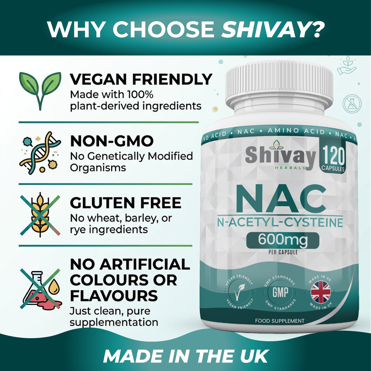 Shivay Herbals NAC N-Acetyl Cysteine 600mg - 120 Vegan Capsules - 4 Month Supply - Glutathione Precursor - Made in the UK