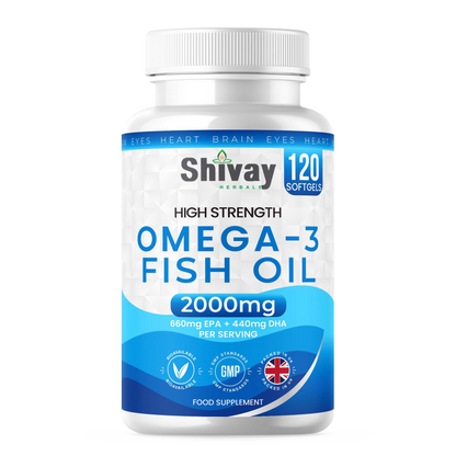 Shivay Herbals Omega 3 Fish Oil 2000mg 120 softgels - 660mg EPA 440mg DHA per serving - 2 month supply - UK made
