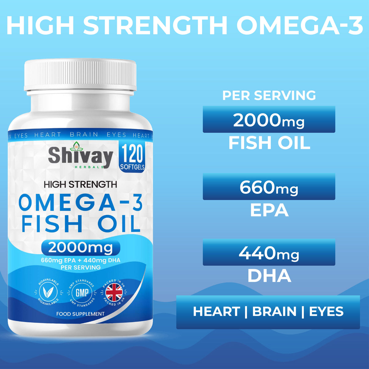 Shivay Herbals Omega 3 Fish Oil 2000mg - 660mg EPA & 440mg DHA per Serving - 120 Softgels - 2 Month Supply - Heart, Brain & Vision - Made in the UK