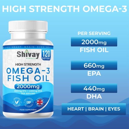 Shivay Herbals Omega 3 Fish Oil 2000mg - 660mg EPA & 440mg DHA per Serving - 120 Softgels - 2 Month Supply - Heart, Brain & Vision - Made in the UK