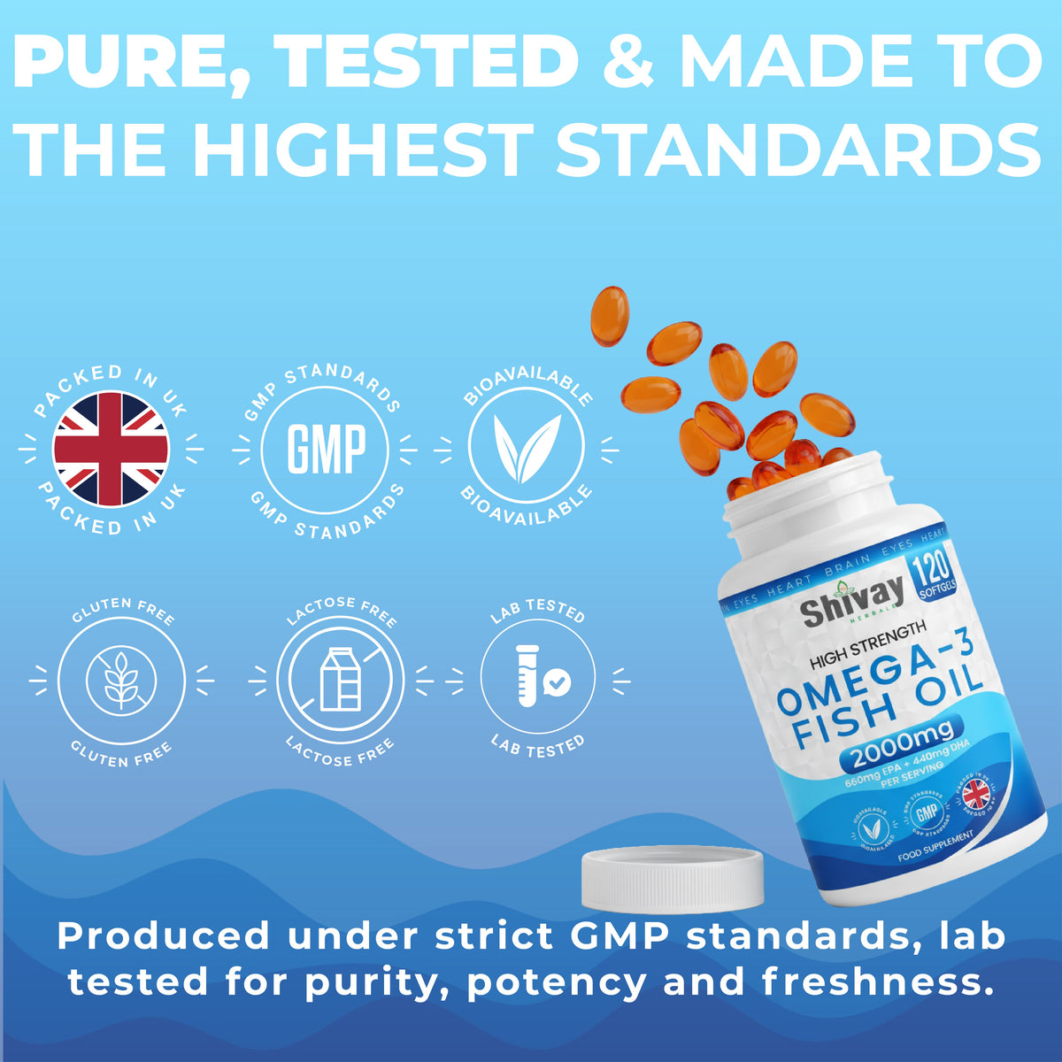 Shivay Herbals Omega 3 Fish Oil 2000mg - 660mg EPA & 440mg DHA per Serving - 120 Softgels - 2 Month Supply - Heart, Brain & Vision - Made in the UK