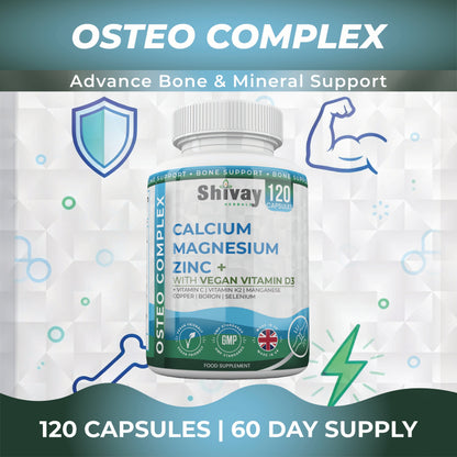 Shivay Herbals Osteo Complex - Calcium, Magnesium, Zinc, D3 & K2 - 10 Nutrients for Bone Support - 120 Vegan Capsules - 2 Month Supply - Made in the UK