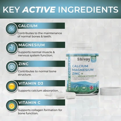 Shivay Herbals Osteo Complex - Calcium, Magnesium, Zinc, D3 & K2 - 10 Nutrients for Bone Support - 120 Vegan Capsules - 2 Month Supply - Made in the UK