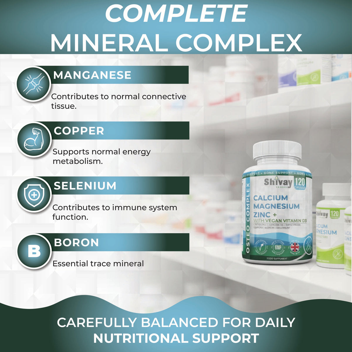 Shivay Herbals Osteo Complex - Calcium, Magnesium, Zinc, D3 & K2 - 10 Nutrients for Bone Support - 120 Vegan Capsules - 2 Month Supply - Made in the UK