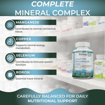 Shivay Herbals Osteo Complex - Calcium, Magnesium, Zinc, D3 & K2 - 10 Nutrients for Bone Support - 120 Vegan Capsules - 2 Month Supply - Made in the UK