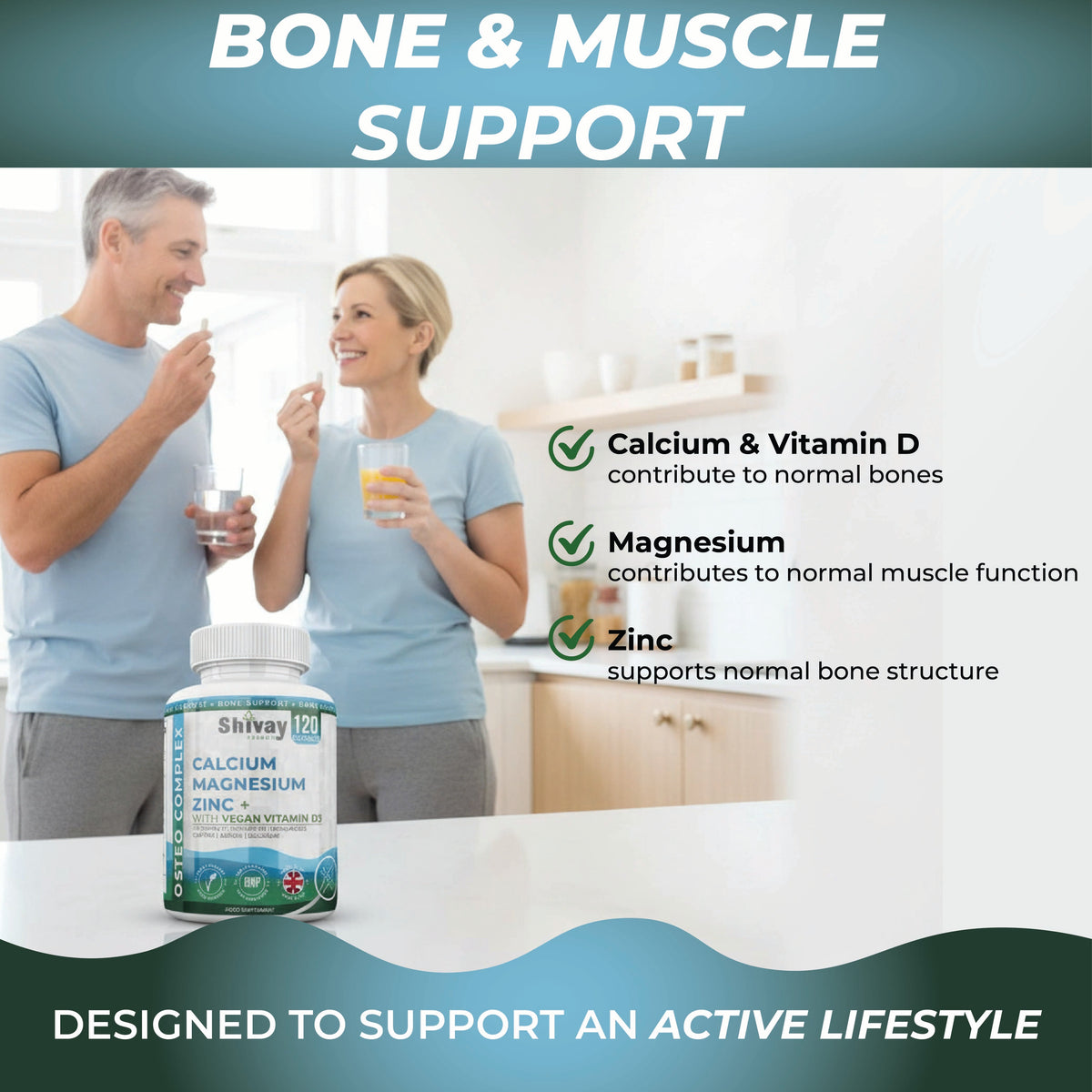 Shivay Herbals Osteo Complex - Calcium, Magnesium, Zinc, D3 & K2 - 10 Nutrients for Bone Support - 120 Vegan Capsules - 2 Month Supply - Made in the UK