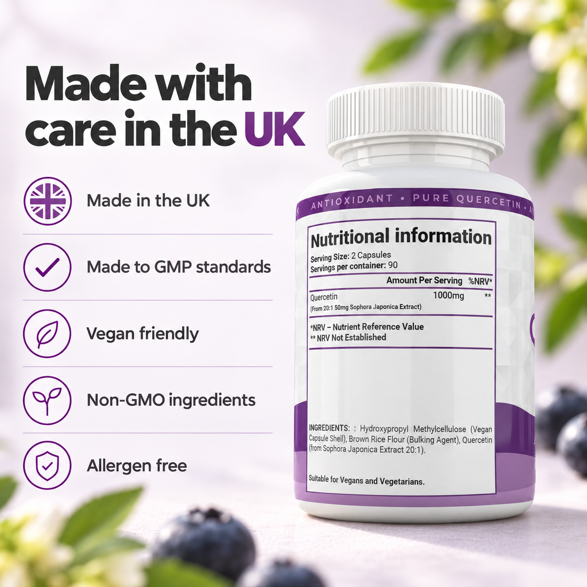 Shivay Herbals Quercetin 1000mg - Sophora Japonica Extract - 180 Vegan Capsules - 3 Month Supply - Natural Plant Flavonoid - Made in the UK