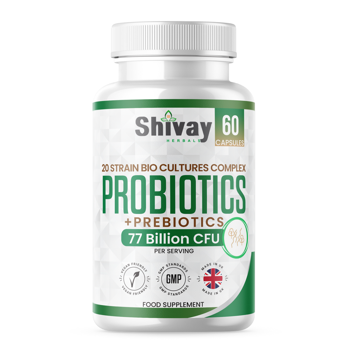 Shivay Herbals Probiotic and Prebiotic Complex 77 billion CFU 20 live strains 60 vegan capsules - UK made digestive supplement
