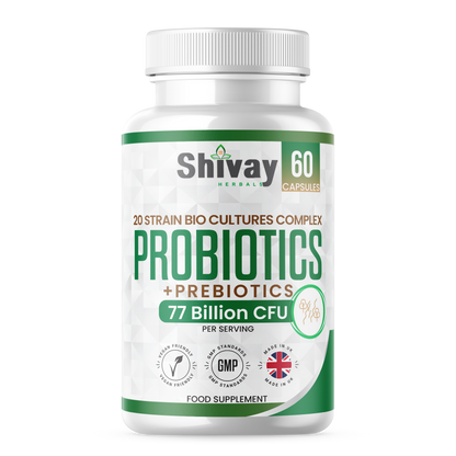 Shivay Herbals Probiotic and Prebiotic Complex 77 billion CFU 20 live strains 60 vegan capsules - UK made digestive supplement