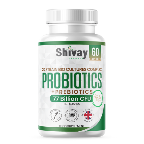 Shivay Herbals Probiotic and Prebiotic Complex 77 billion CFU 20 live strains 60 vegan capsules - UK made digestive supplement