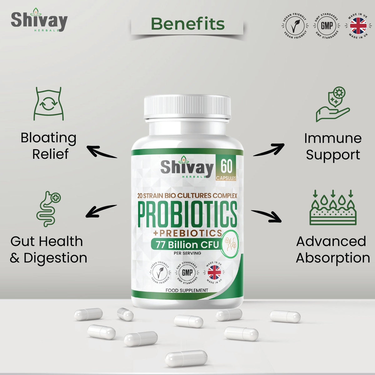 Shivay Herbals Probiotic & Prebiotic Complex - 77 Billion CFU - 20 Live Strains - 60 Vegan Capsules - 1 Month Supply - Made in the UK