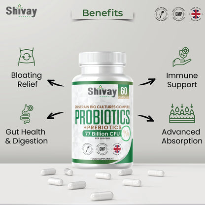 Shivay Herbals Probiotic & Prebiotic Complex - 77 Billion CFU - 20 Live Strains - 60 Vegan Capsules - 1 Month Supply - Made in the UK