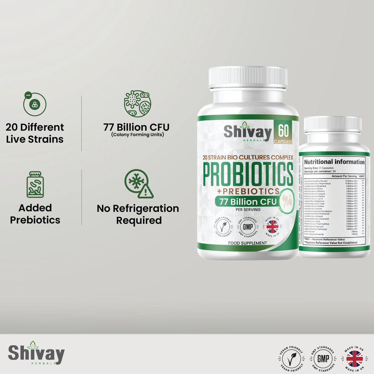 Shivay Herbals Probiotic & Prebiotic Complex - 77 Billion CFU - 20 Live Strains - 60 Vegan Capsules - 1 Month Supply - Made in the UK