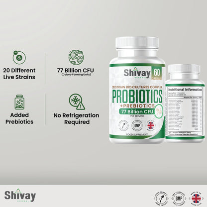 Shivay Herbals Probiotic & Prebiotic Complex - 77 Billion CFU - 20 Live Strains - 60 Vegan Capsules - 1 Month Supply - Made in the UK