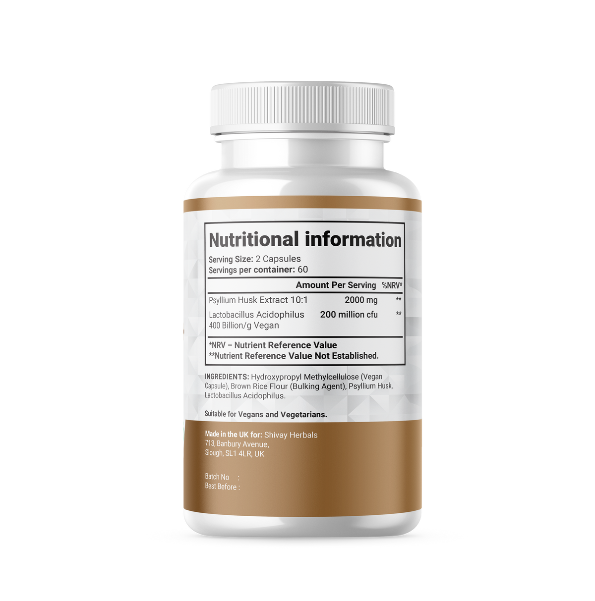 Shivay Herbals Psyllium Husk 2000mg with Lactobacillus Acidophilus - Natural Soluble Fibre & Probiotic - 120 Vegan Capsules - 2 Month Supply - Made in the UK