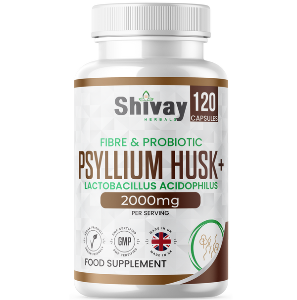 Shivay Herbals Psyllium Husk 2000mg with Lactobacillus Acidophilus 120 vegan capsules - soluble fibre probiotic - UK made