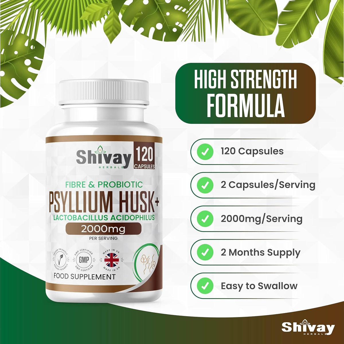 Shivay Herbals Psyllium Husk 2000mg with Lactobacillus Acidophilus - Natural Soluble Fibre & Probiotic - 120 Vegan Capsules - 2 Month Supply - Made in the UK
