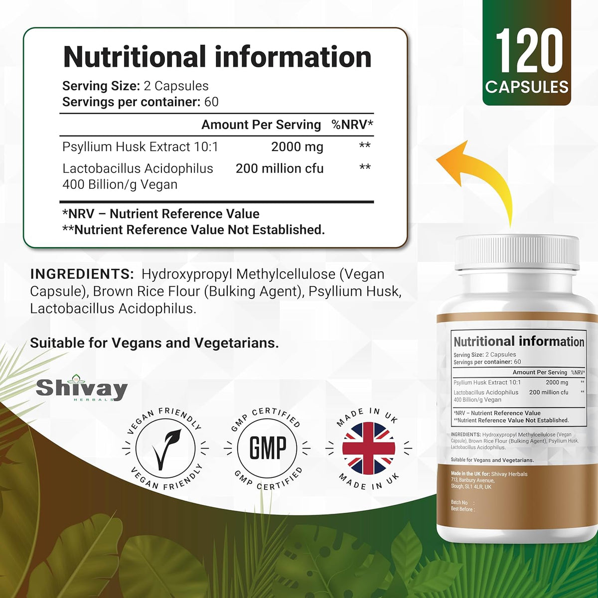 Shivay Herbals Psyllium Husk 2000mg with Lactobacillus Acidophilus - Natural Soluble Fibre & Probiotic - 120 Vegan Capsules - 2 Month Supply - Made in the UK