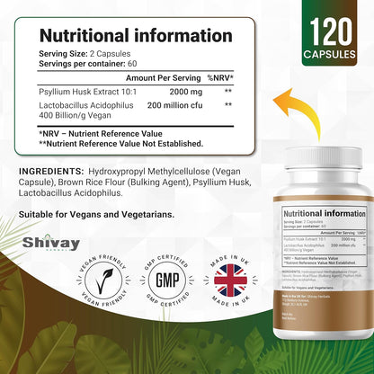 Shivay Herbals Psyllium Husk 2000mg with Lactobacillus Acidophilus - Natural Soluble Fibre & Probiotic - 120 Vegan Capsules - 2 Month Supply - Made in the UK