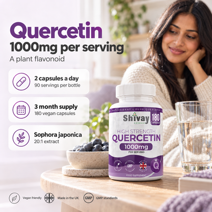 Shivay Herbals Quercetin 1000mg - Sophora Japonica Extract - 180 Vegan Capsules - 3 Month Supply - Natural Plant Flavonoid - Made in the UK