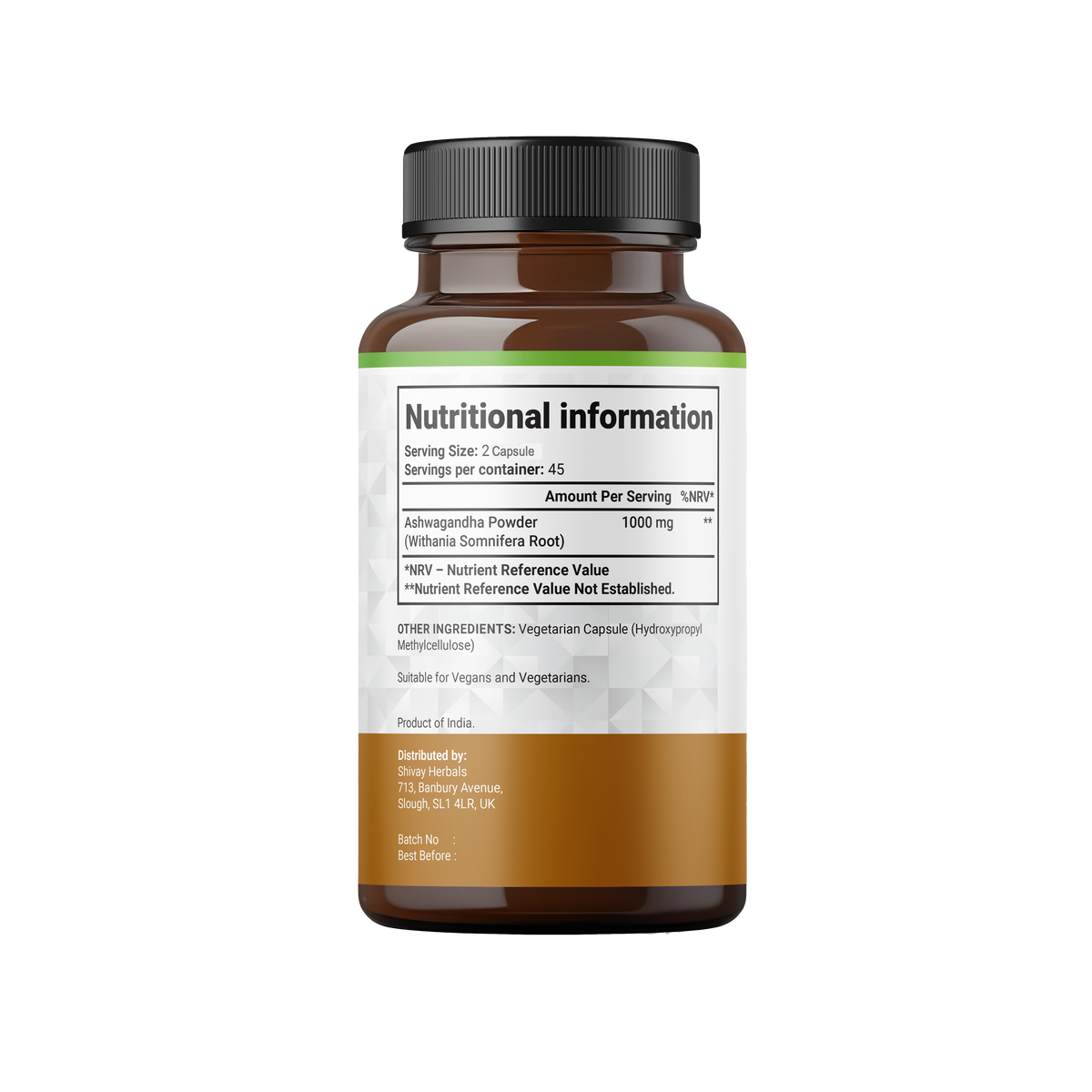 Shivay Herbals Ashwagandha 1000mg Capsules - Root Extract - 90 Vegan Capsules - 45 Day Supply - Made in the UK