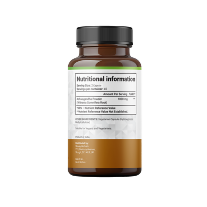 Shivay Herbals Ashwagandha 1000mg Capsules - Root Extract - 90 Vegan Capsules - 45 Day Supply - Made in the UK
