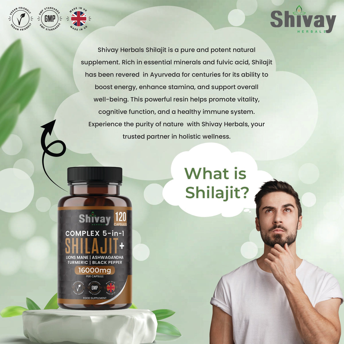 Shivay Herbals Shilajit Complex 5-in-1 - 16000mg Himalayan Shilajit - with Ashwagandha & Lion's Mane - 120 Vegan Capsules - 4 Month Supply - Made in the UK