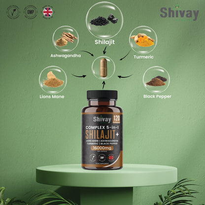 Shivay Herbals Shilajit Complex 5-in-1 - 16000mg Himalayan Shilajit - with Ashwagandha & Lion's Mane - 120 Vegan Capsules - 4 Month Supply - Made in the UK