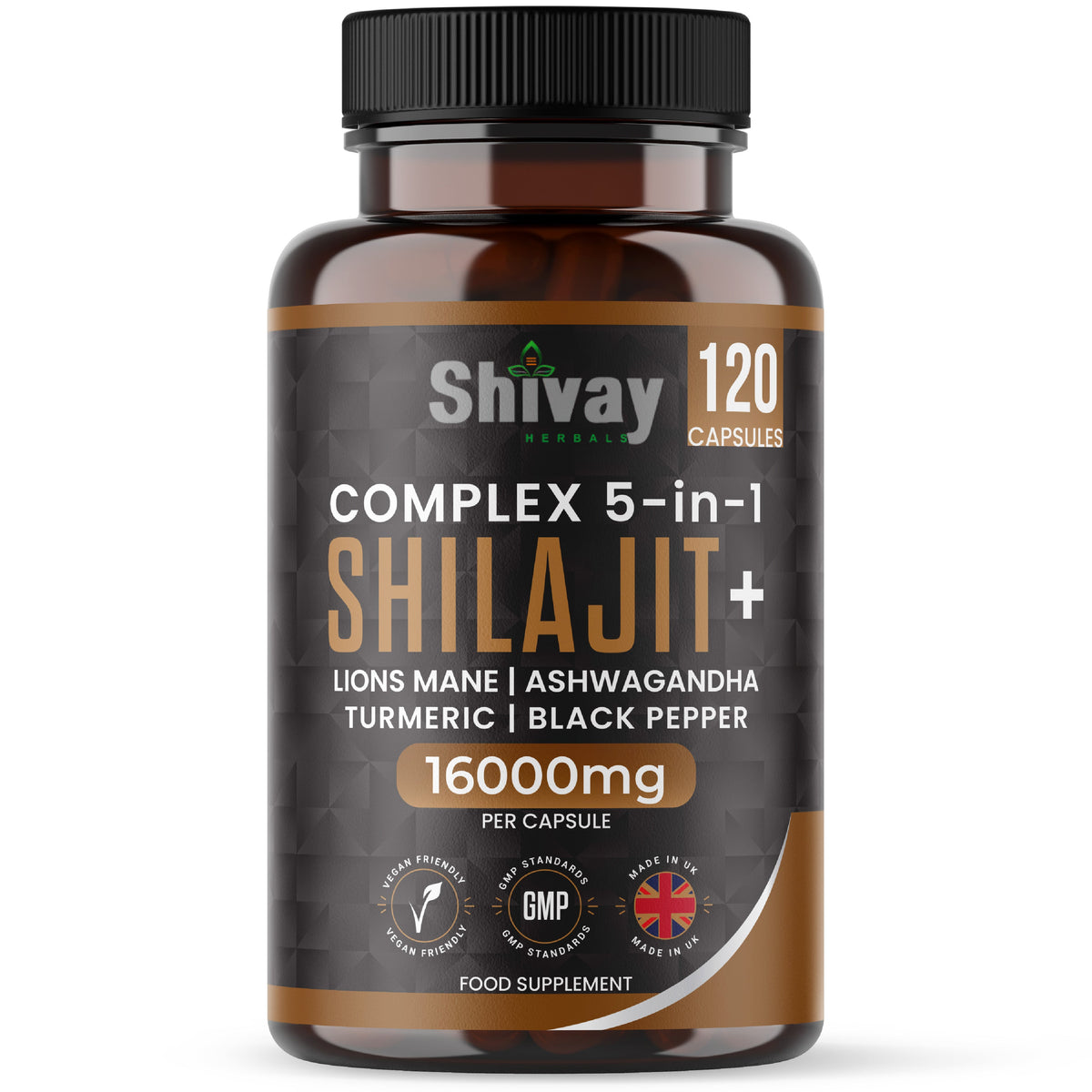 Shivay Herbals Shilajit Complex 5-in-1 16000mg with Ashwagandha and Lions Mane 120 vegan capsules 4 month supply - UK made