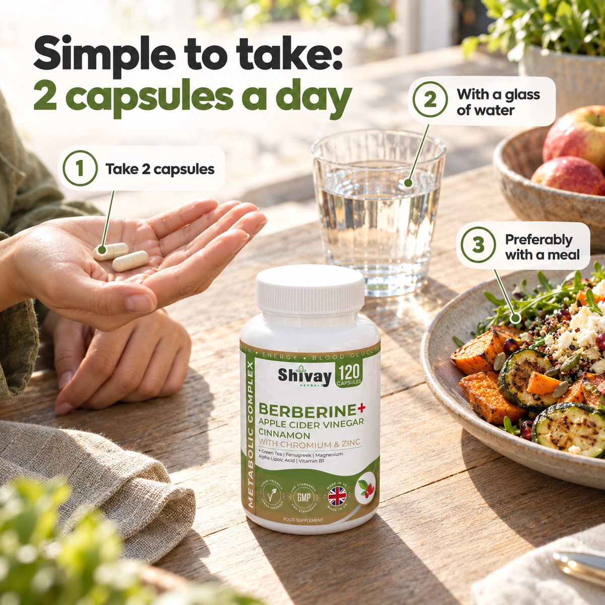 Shivay Herbals Berberine 11-in-1 Complex - with ACV, Cinnamon, Chromium & Zinc - 120 Vegan Capsules - 2 Month Supply - Made in the UK