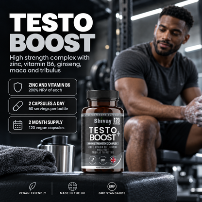 Shivay Herbals Testo Boost Natural Vitality Support - Zinc, B6, Ginseng, Maca & Tribulus - 120 Vegan Capsules - 2 Month Supply - Made in the UK