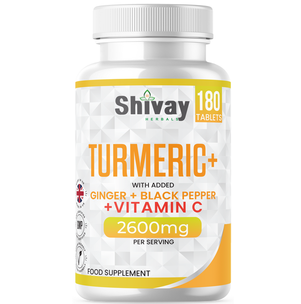 Shivay Herbals Turmeric Curcumin 2600mg 180 vegan tablets with ginger black pepper vitamin C - 3 month supply - UK made