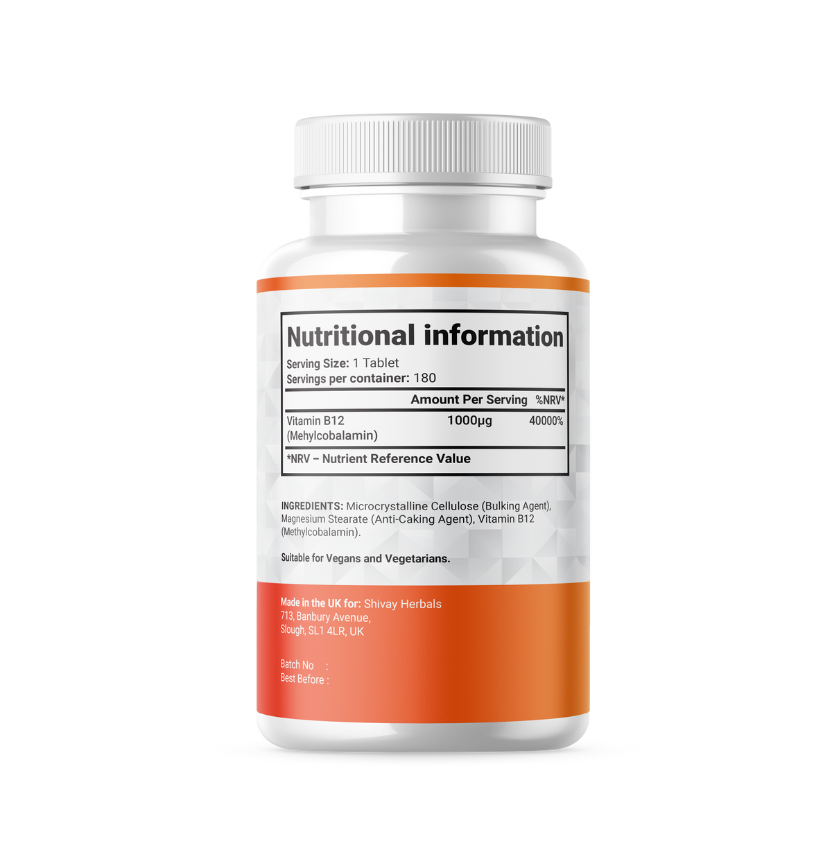 Shivay Herbals Vitamin B12 1000mcg - Methylcobalamin - 180 Vegan Tablets - 6 Month Supply - Reduction of Tiredness - Made in the UK