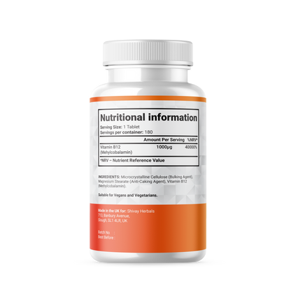 Shivay Herbals Vitamin B12 1000mcg - Methylcobalamin - 180 Vegan Tablets - 6 Month Supply - Reduction of Tiredness - Made in the UK