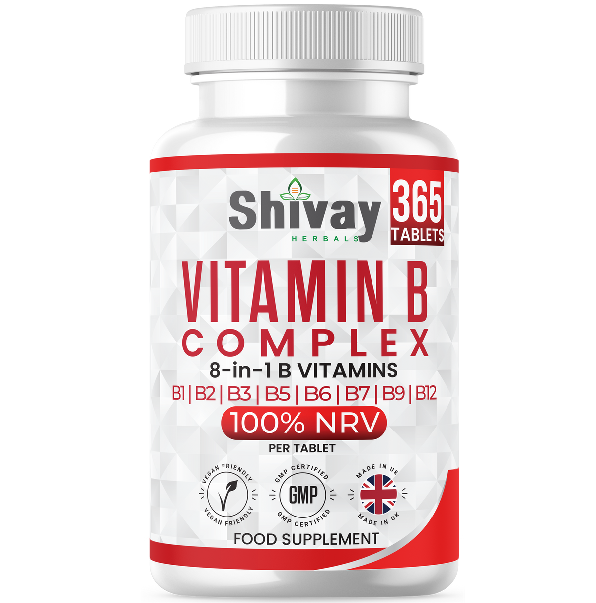 Shivay Herbals Vitamin B Complex 365 vegan tablets all 8 B vitamins 1 year supply - UK made supplement