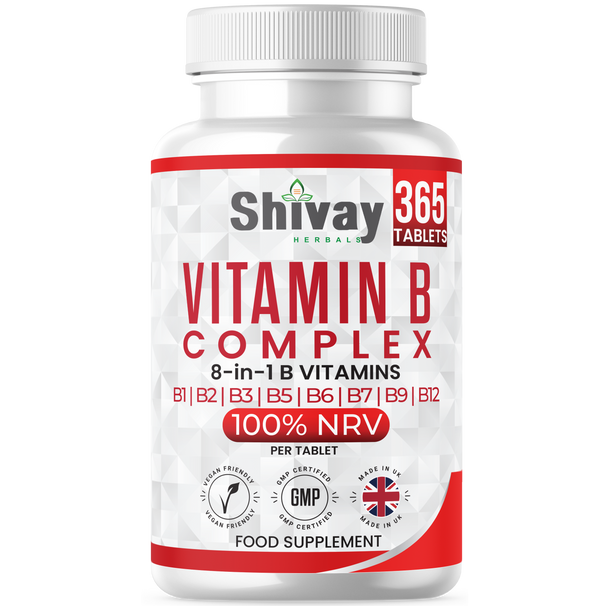 Shivay Herbals Vitamin B Complex 365 vegan tablets all 8 B vitamins 1 year supply - UK made supplement