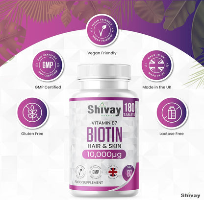 Shivay Herbals Biotin 10,000mcg - 180 Vegan Tablets - 6 Month Supply - Normal Macronutrient Metabolism - Hair, Skin & Nails - Made in the UK