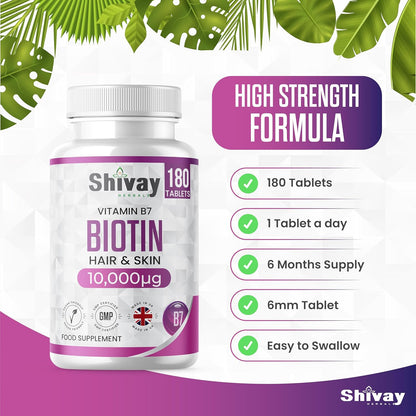 Shivay Herbals Biotin 10,000mcg - 180 Vegan Tablets - 6 Month Supply - Normal Macronutrient Metabolism - Hair, Skin & Nails - Made in the UK