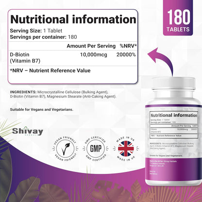 Shivay Herbals Biotin 10,000mcg - 180 Vegan Tablets - 6 Month Supply - Normal Macronutrient Metabolism - Hair, Skin & Nails - Made in the UK