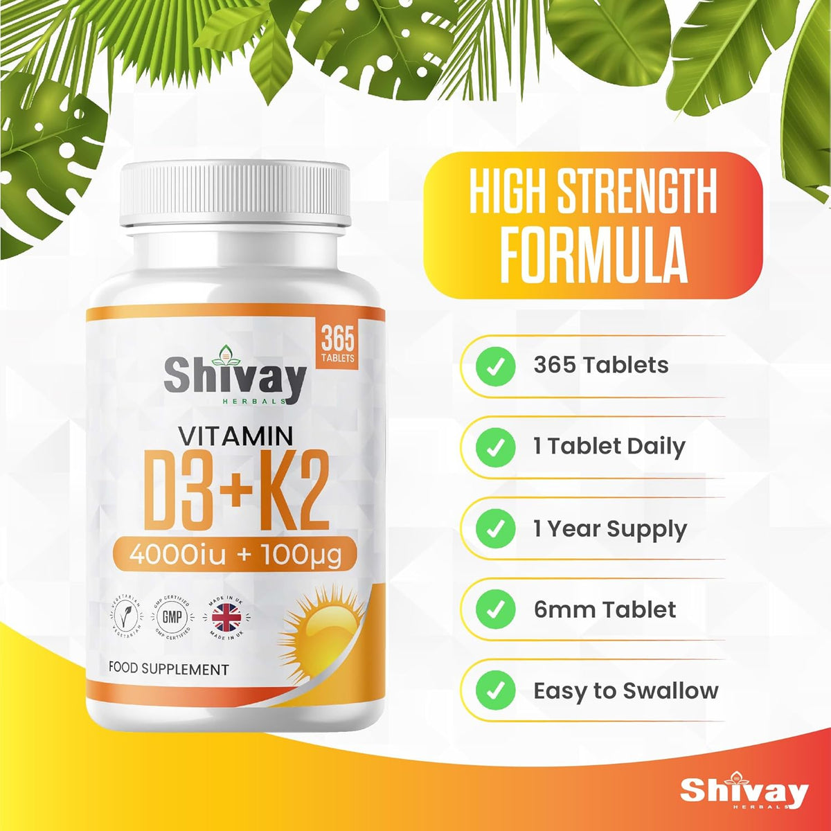 Shivay Herbals Vitamin D3 4000iu & K2 100mcg MK-7 - 365 Vegetarian Tablets - 1 Year Supply - Bone & Immune Support - Made in the UK