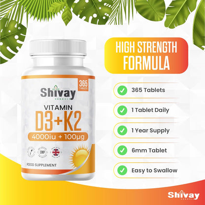 Shivay Herbals Vitamin D3 4000iu & K2 100mcg MK-7 - 365 Vegetarian Tablets - 1 Year Supply - Bone & Immune Support - Made in the UK