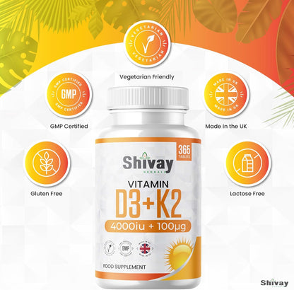 Shivay Herbals Vitamin D3 4000iu & K2 100mcg MK-7 - 365 Vegetarian Tablets - 1 Year Supply - Bone & Immune Support - Made in the UK