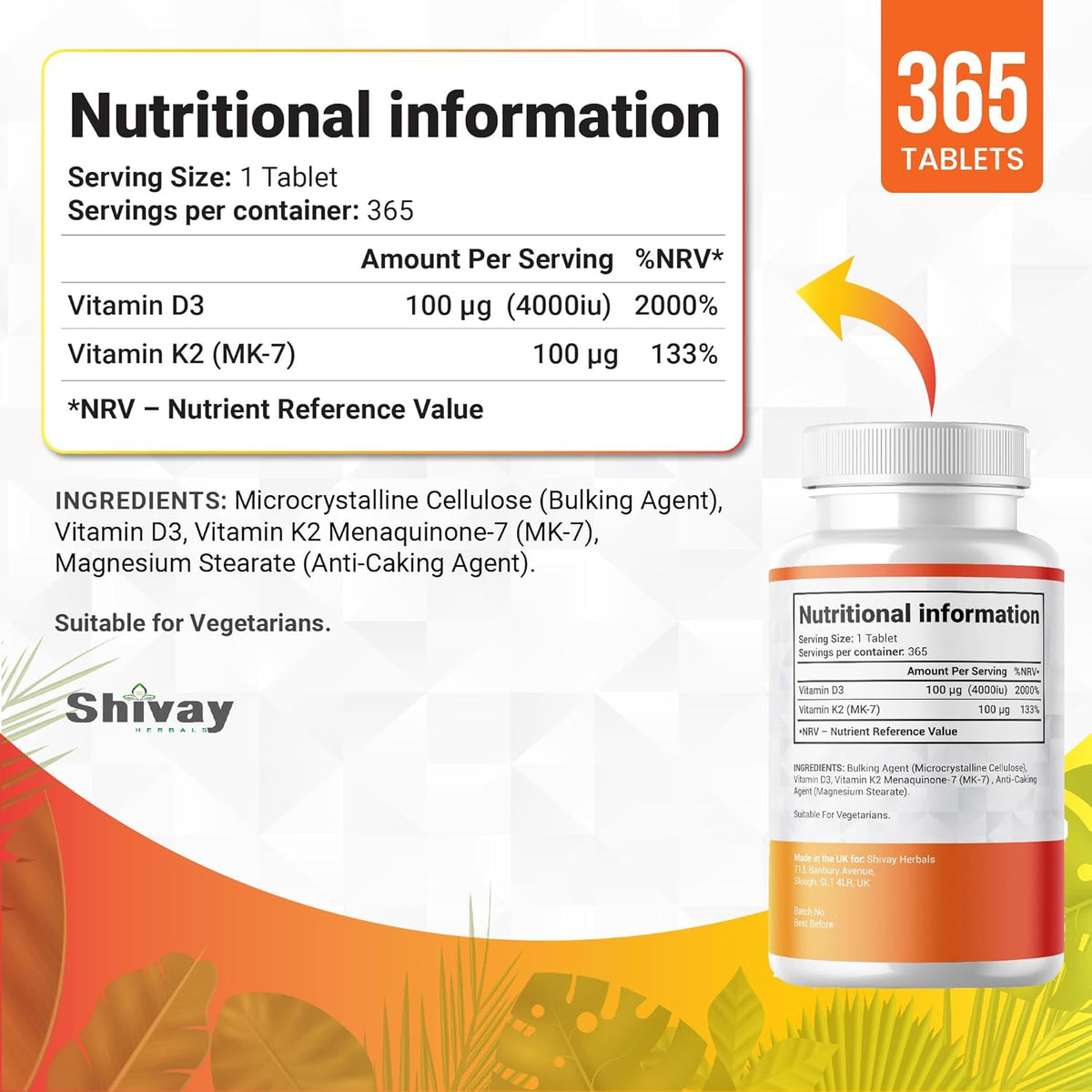 Shivay Herbals Vitamin D3 4000iu & K2 100mcg MK-7 - 365 Vegetarian Tablets - 1 Year Supply - Bone & Immune Support - Made in the UK