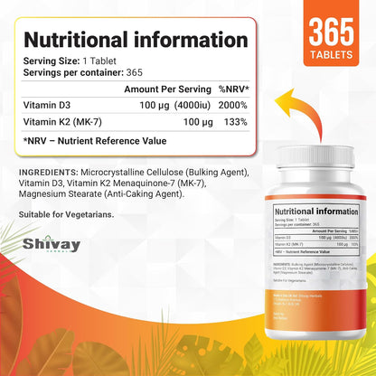 Shivay Herbals Vitamin D3 4000iu & K2 100mcg MK-7 - 365 Vegetarian Tablets - 1 Year Supply - Bone & Immune Support - Made in the UK