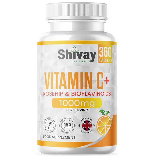 Shivay Herbals Vitamin C 1000mg 360 vegan tablets with rosehip and bioflavonoids 6 month supply - UK made supplement