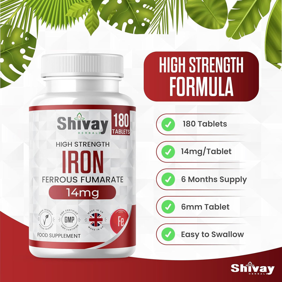 Shivay Herbals Iron 14mg - Ferrous Fumarate - 180 Vegan Tablets - 6 Month Supply - Reduction of Tiredness & Fatigue - Made in the UK
