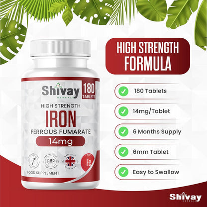 Shivay Herbals Iron 14mg - Ferrous Fumarate - 180 Vegan Tablets - 6 Month Supply - Reduction of Tiredness & Fatigue - Made in the UK