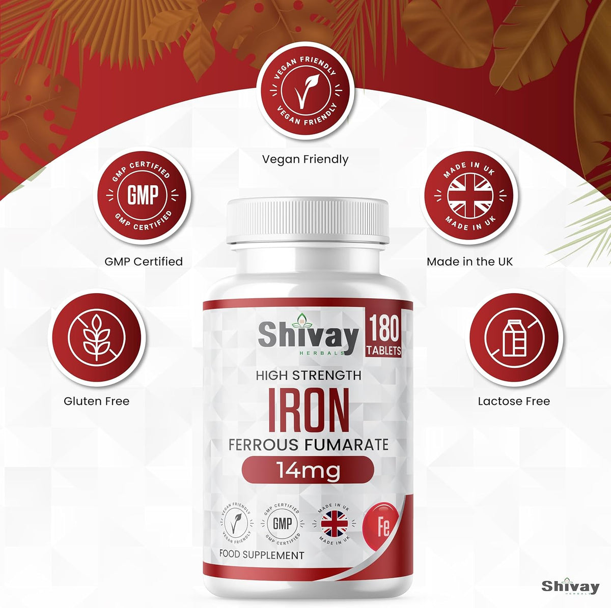 Shivay Herbals Iron 14mg - Ferrous Fumarate - 180 Vegan Tablets - 6 Month Supply - Reduction of Tiredness & Fatigue - Made in the UK