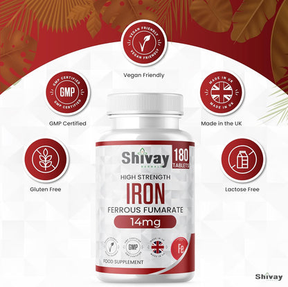 Shivay Herbals Iron 14mg - Ferrous Fumarate - 180 Vegan Tablets - 6 Month Supply - Reduction of Tiredness & Fatigue - Made in the UK
